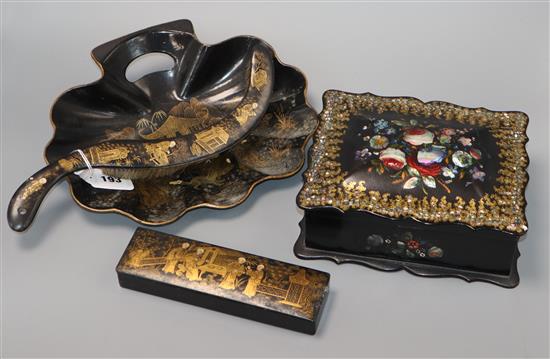 A mother of pearl inlaid laquer box and chinoiserie box and brush and crumb scoop